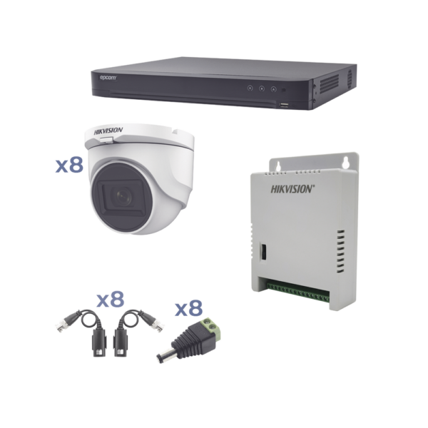 Kit TURBOHD 1080p / DVR 8 Canales / 8 Cámaras Turret (exterior 2.8 mm) / Conectores / Transceptores / Fuente de Poder Profesional hasta 15 Vcc para Larga Distancia