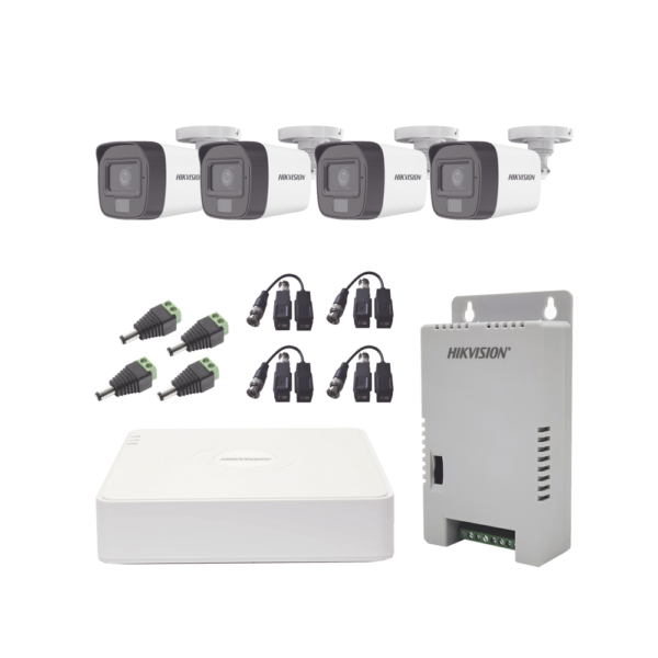 Kit TURBOHD 1080p / DVR 4 Canales / 4 Cámaras con Micrófono Integrado y 101° Visión / Luz Blanca + IR Visión Nocturna / Transceptores / Conectores / Fuente de Poder Profesional Compacta