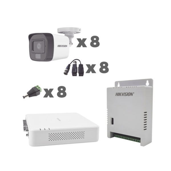 KIT TurboHD 1080p / DVR 8 Canales con audio por coaxitron / 8 Cámaras con Micrófono Integrado 101° Visión/  luz blanca + IR visión nocturna  / Transceptores / Conectores / Fuente de Poder Profesional