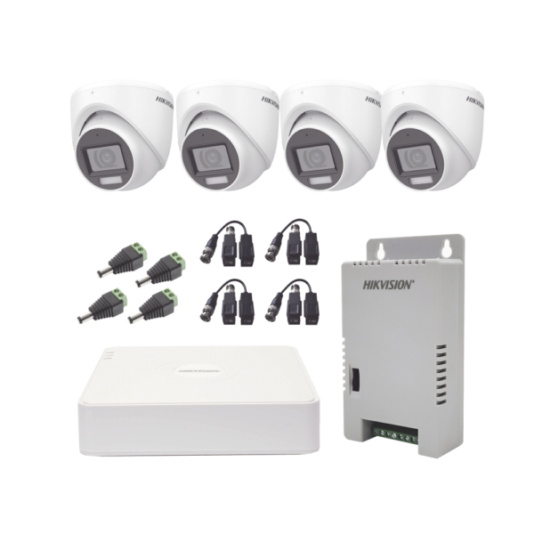 KIT TurboHD 1080p / DVR 4 Canales con audio por coaxitron / 4 Cámaras con Micrófono y  106° Visión/  luz blanca + IR visión nocturna  / Transceptores / Conectores / Fuente de Poder Profesional